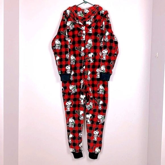 Munki Munki Peanuts Buffalo plaid Hooded Onesie Snoopy size Large pajamas - Picture 2 of 11